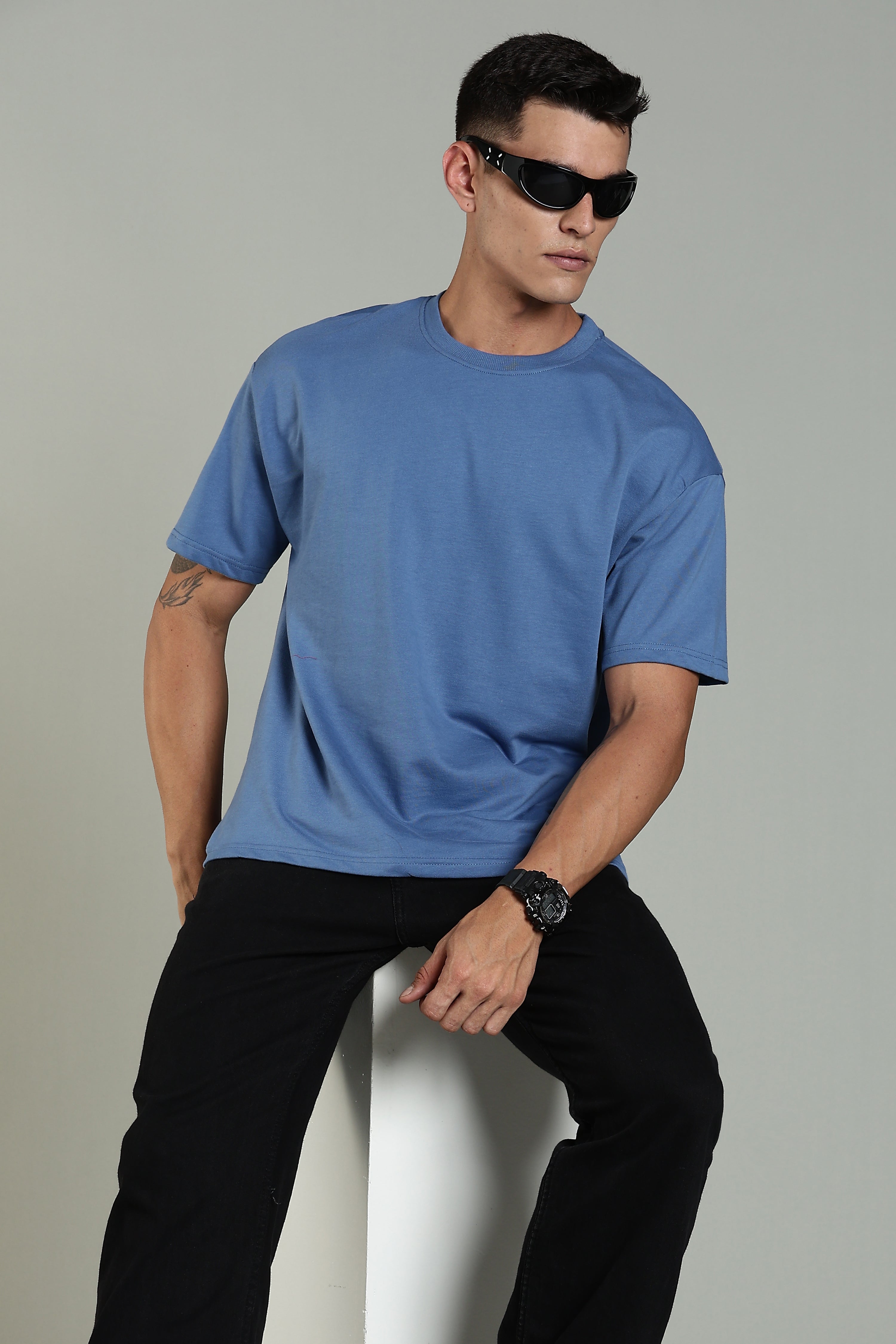 Men Blue Cotton Oversized T-Shirt