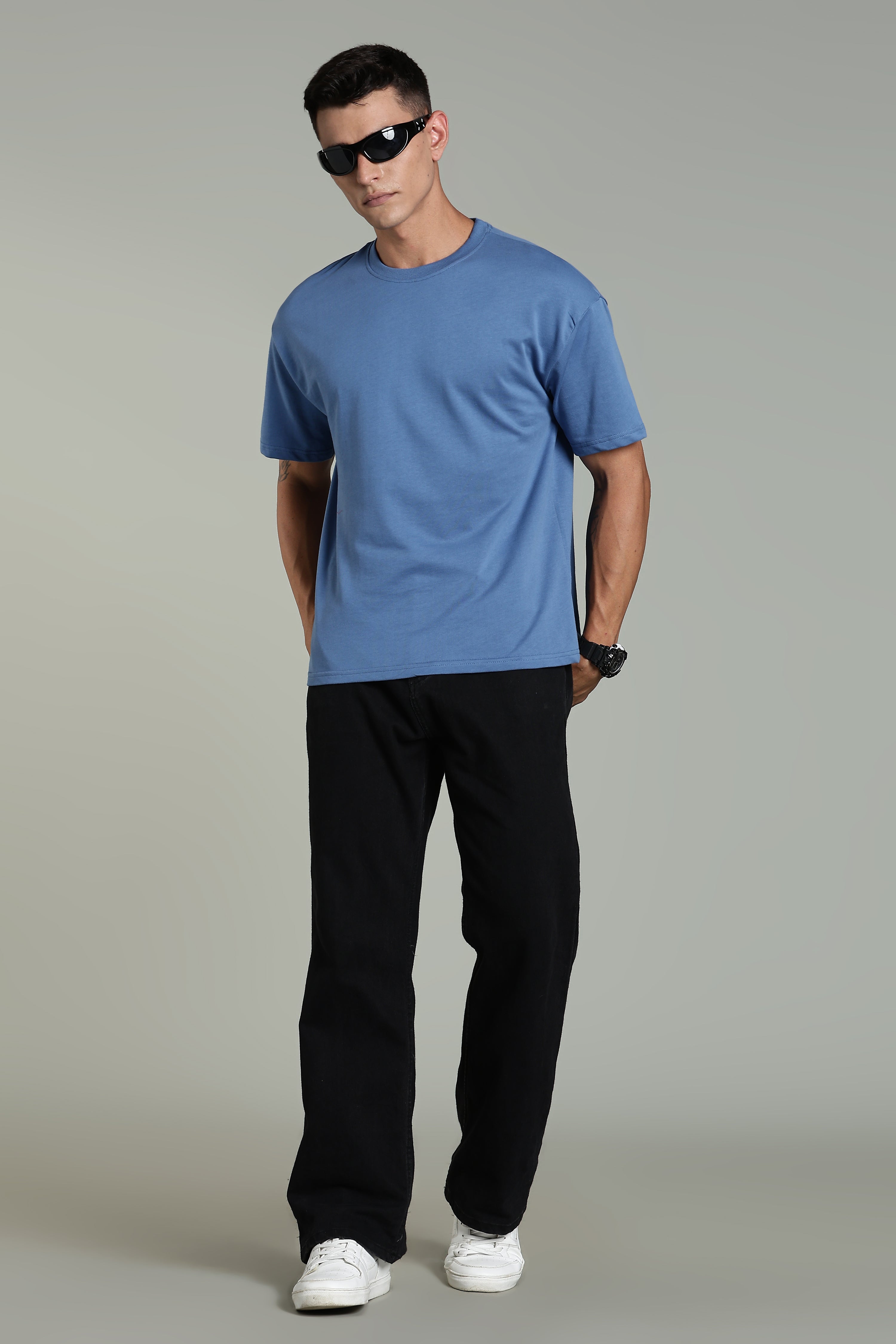Men Blue Cotton Oversized T-Shirt