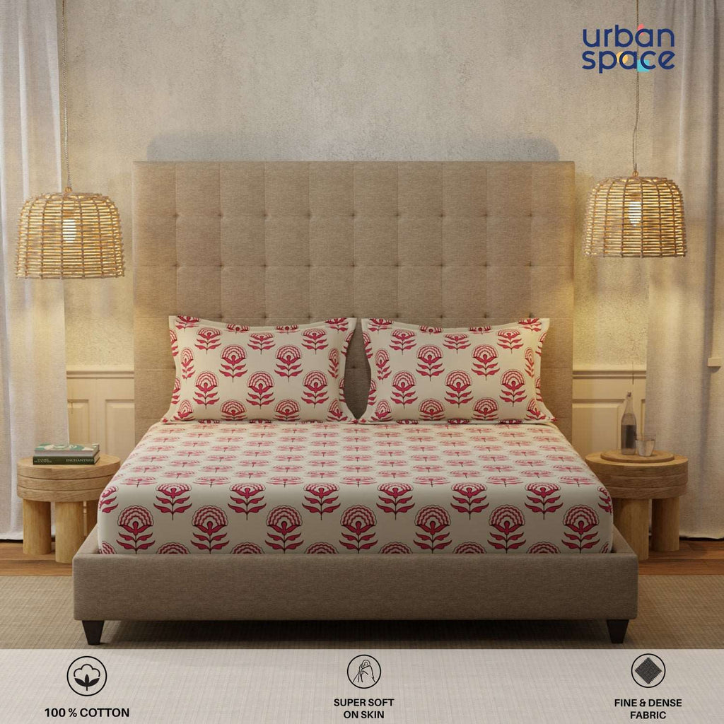 Serene 200 TC 100% Cotton Bedsheet with Pillow Covers - Florabell Cherry Red