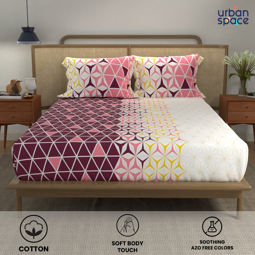 Divine Collection - Cotton Bedsheet With 2 Pillow Covers, Geometric Maroon