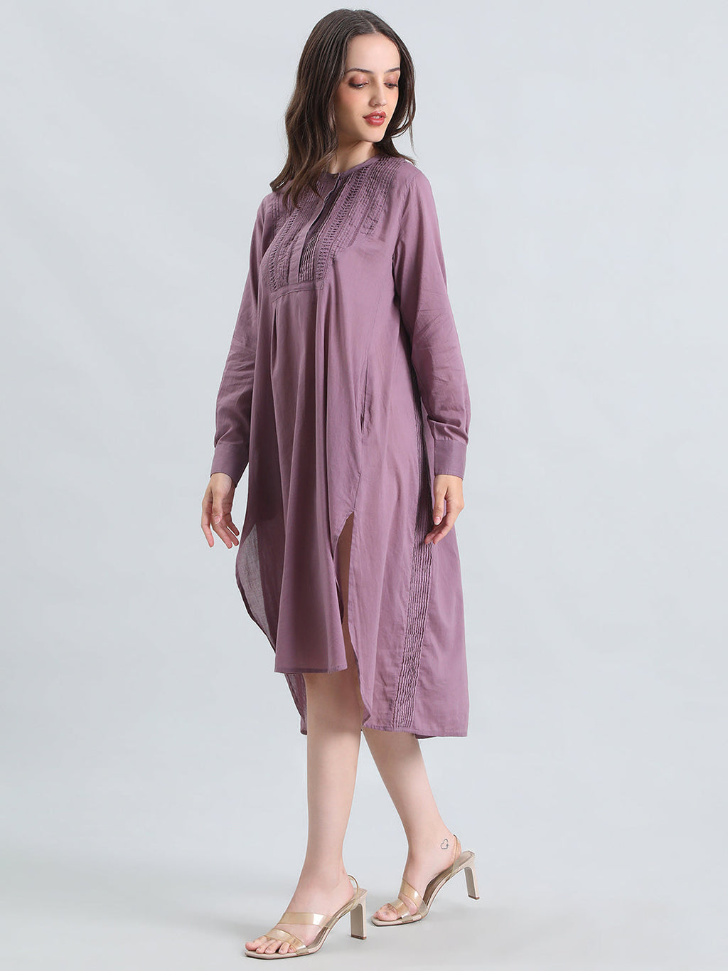 Cotton Pin-Tuck & Lace Trim Mandarin Collar Dress