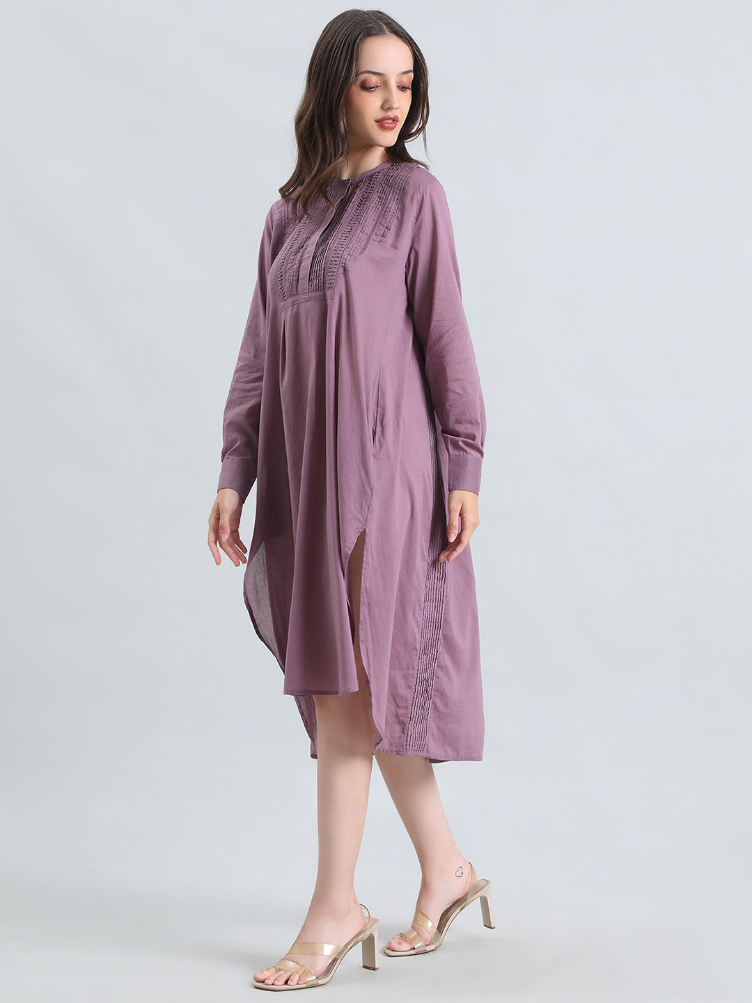 Cotton Pin-Tuck & Lace Trim Mandarin Collar Dress