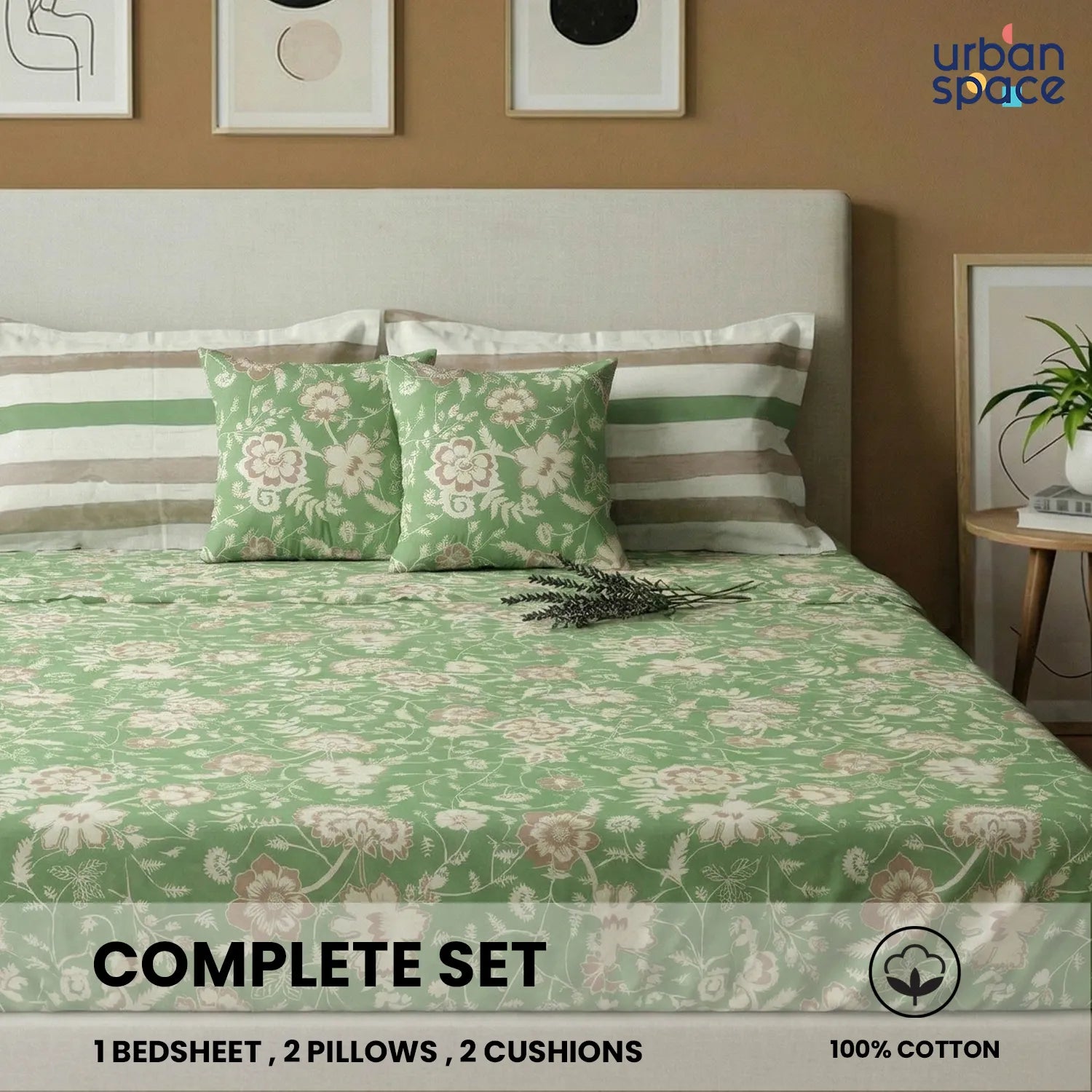5 PC Cotton Double Bedsheet Set with 2 Pillow + 2 Cushion Covers - Viola Sage Green