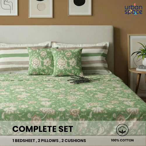 5 PC Cotton Double Bedsheet Set with 2 Pillow + 2 Cushion Covers - Viola Sage Green