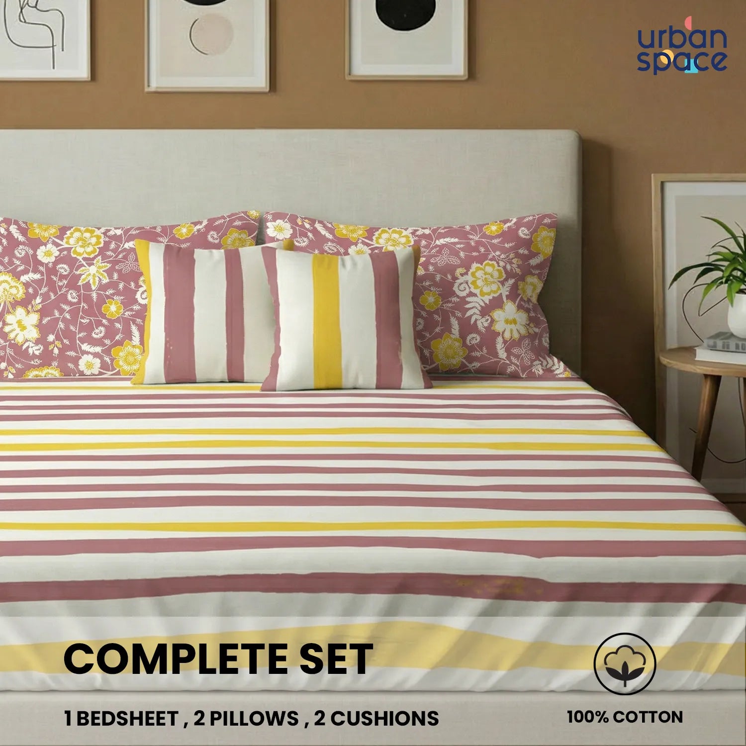 5 PC Cotton Double Bedsheet Set with 2 Pillow + 2 Cushion Covers - Streak Muddy Pink