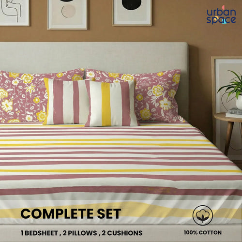 5 PC Cotton Double Bedsheet Set with 2 Pillow + 2 Cushion Covers - Streak Muddy Pink