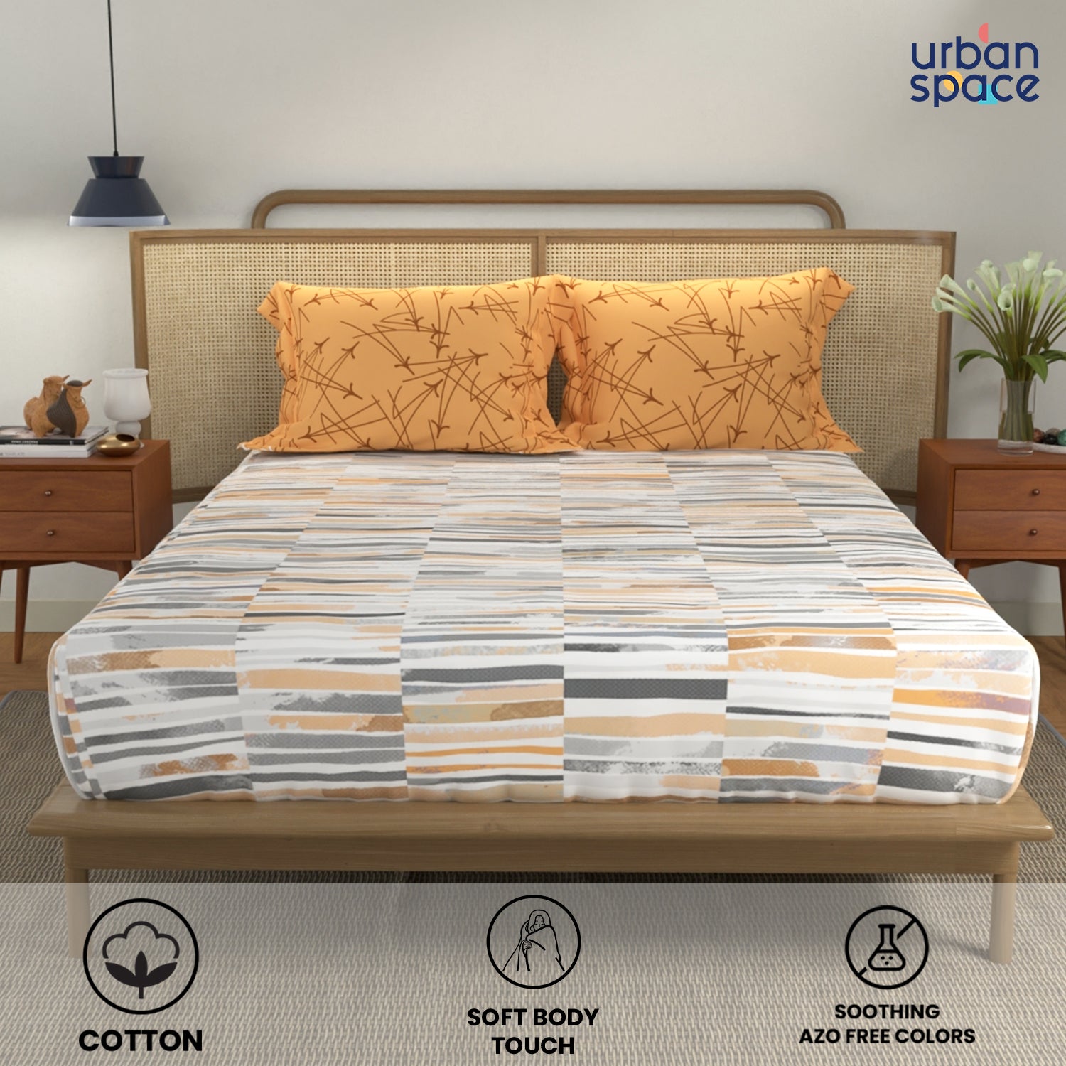Divine Collection - Cotton Bedsheet With 2 Pillow Covers, Stripes Mustard
