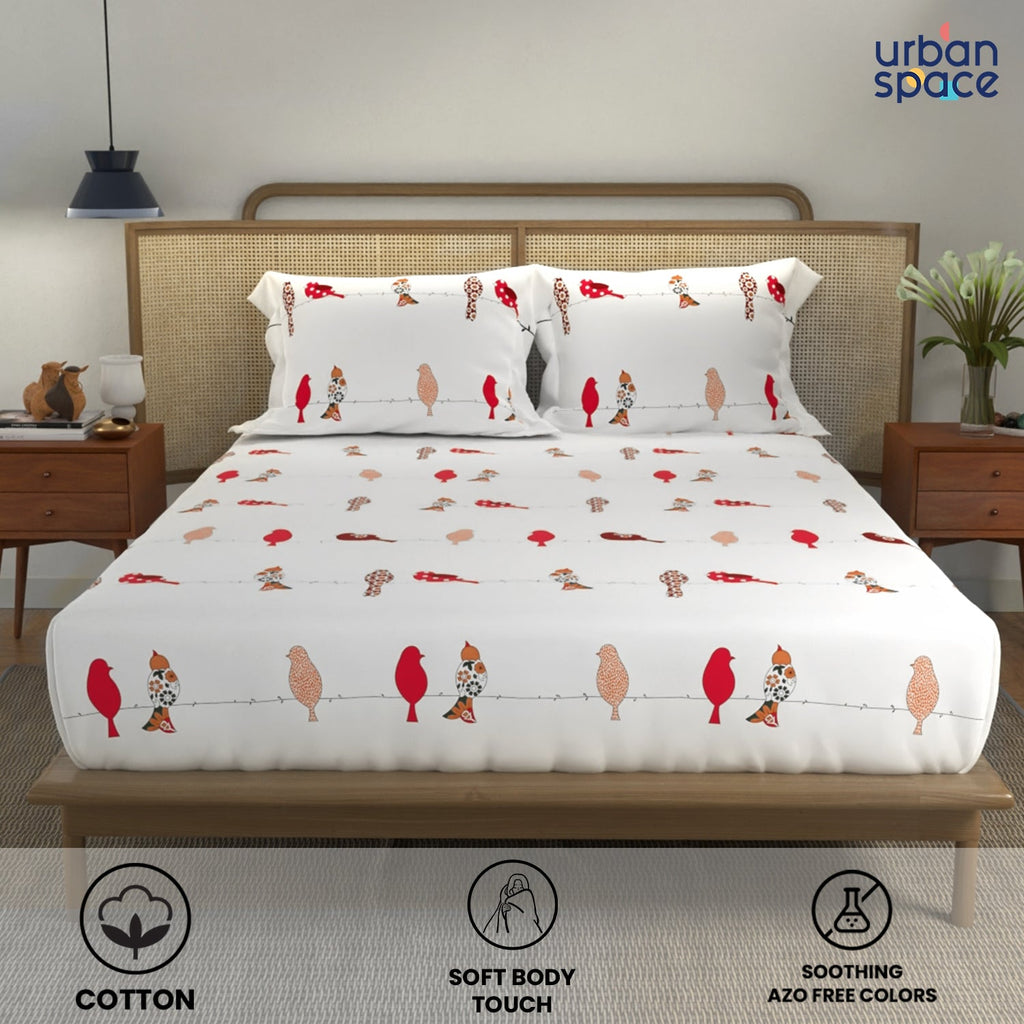 Divine Collection - Cotton Bedsheet With 2 Pillow Covers, Humming Bird Red