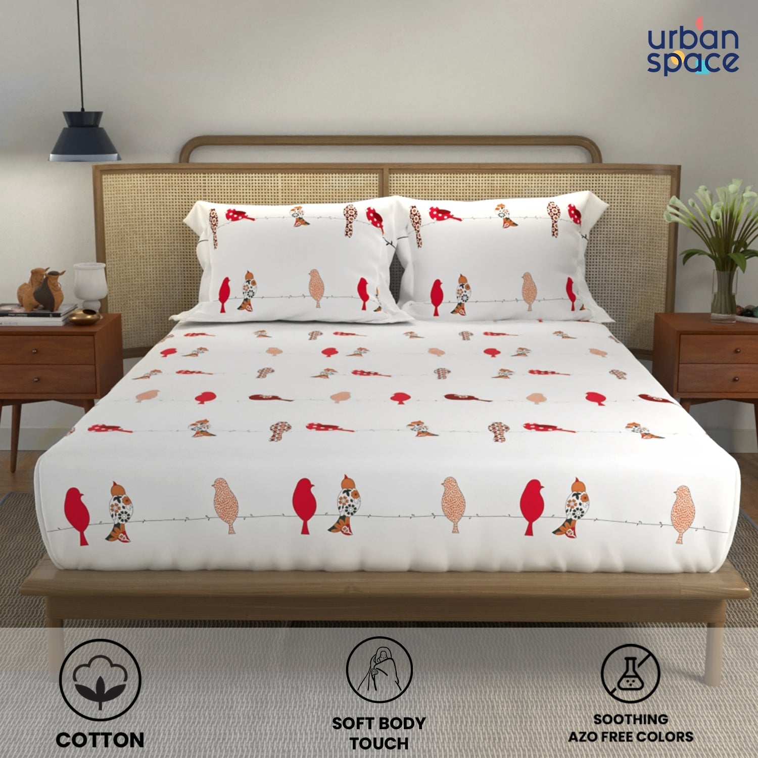 Divine Collection - Cotton Bedsheet With 2 Pillow Covers, Humming Bird Red