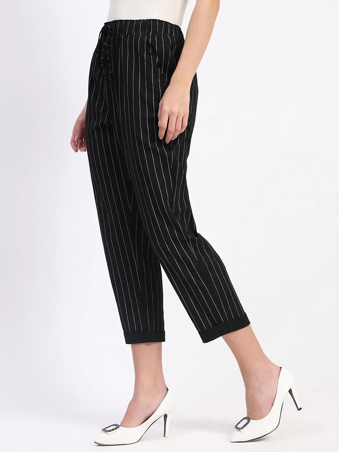 Black Striped Ankle Length Lower