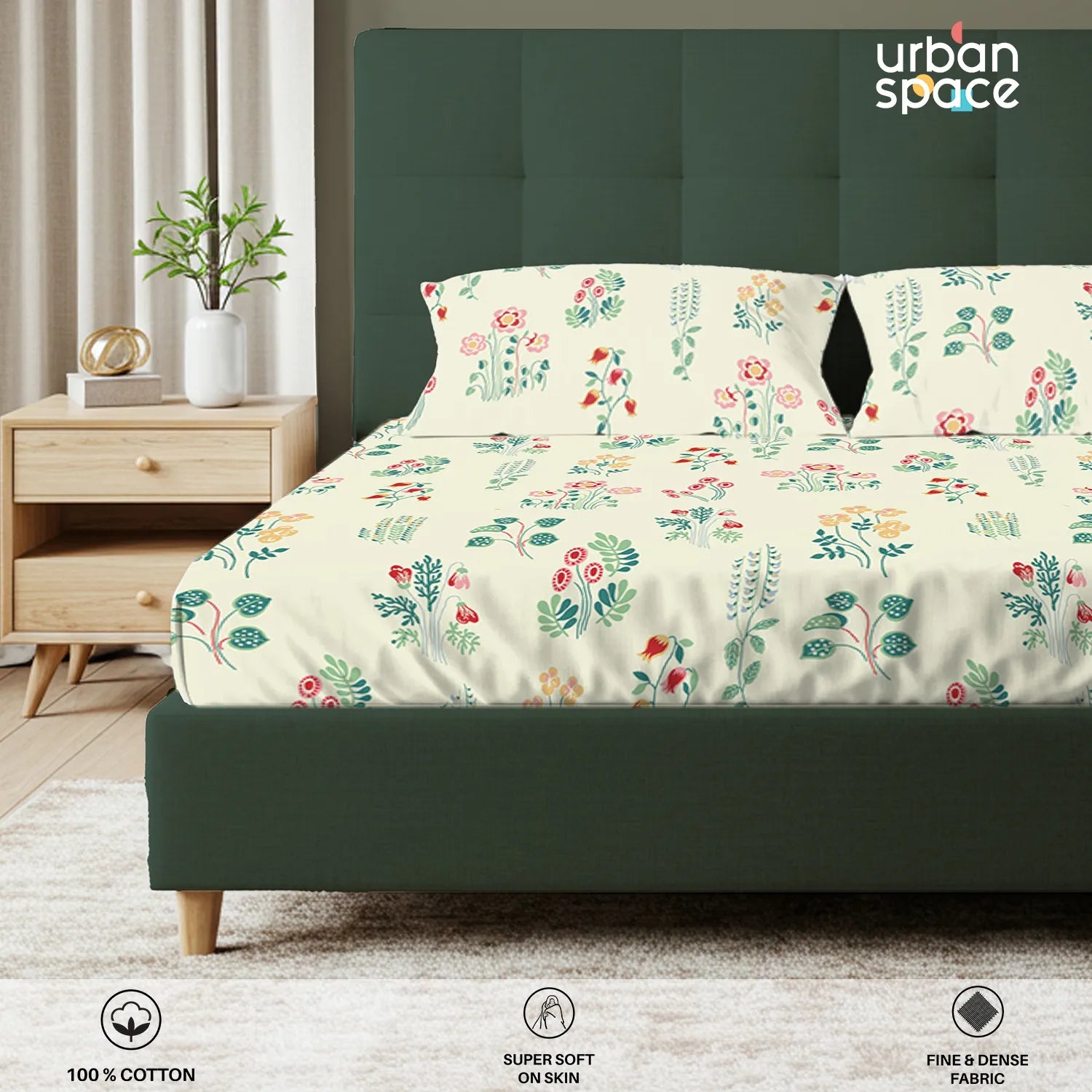 Serene 200 TC 100% Cotton Bedsheet with Pillow Covers - Eden Cream