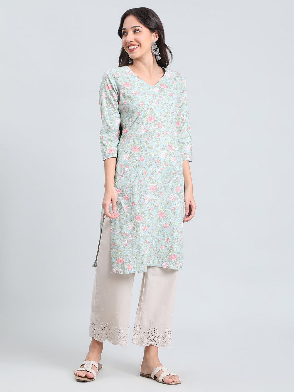 Cotton Floral Block Print Straight Kurta