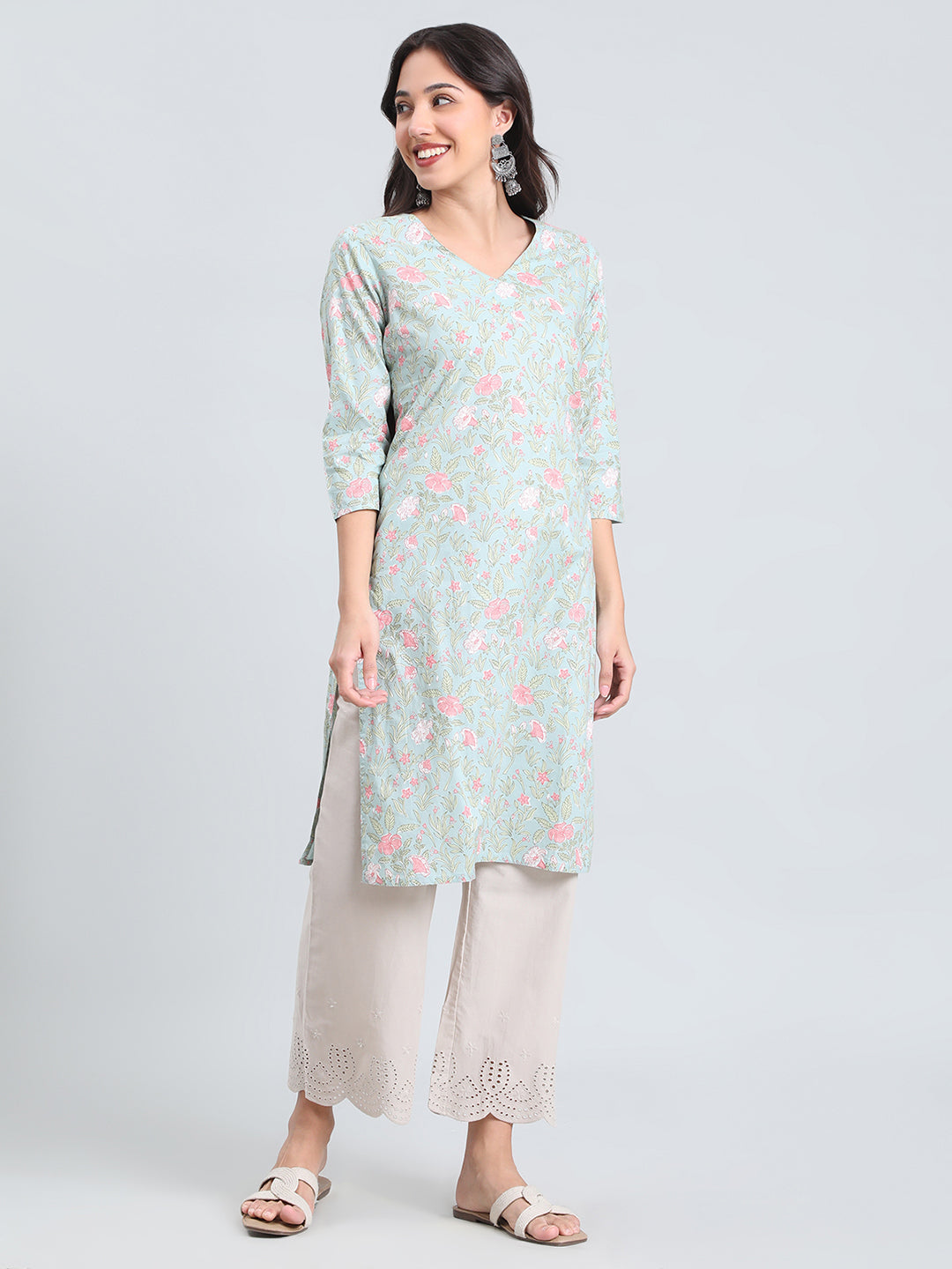 Cotton Floral Block Print Straight Kurta
