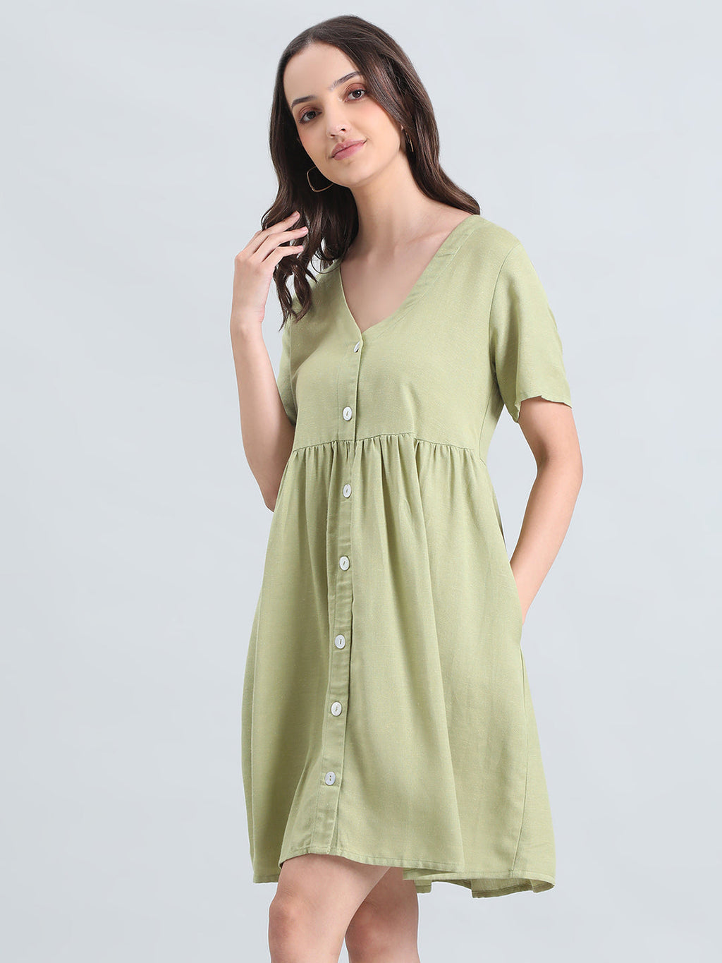 Linen V-Neck Regular Fit Short Dress