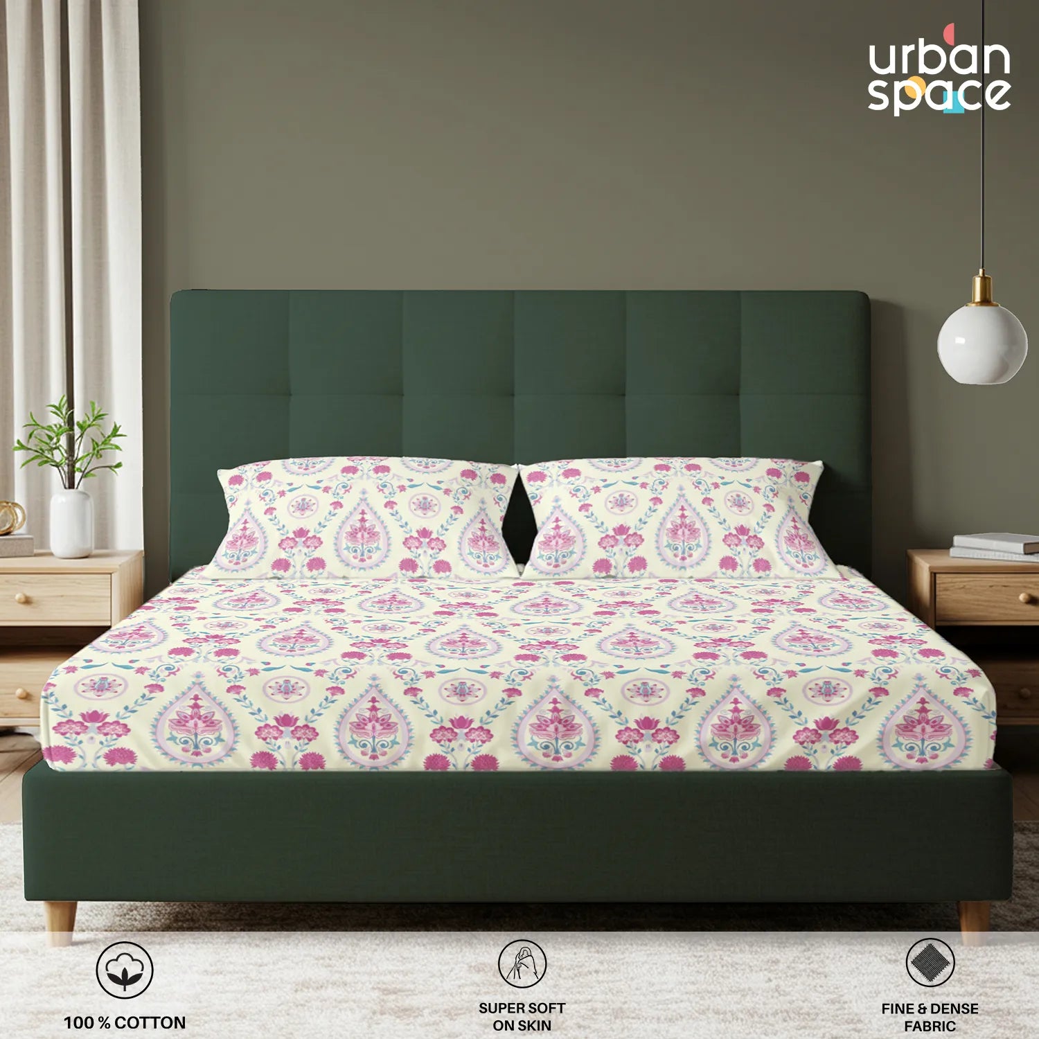 Serene 200 TC 100% Cotton Bedsheet with Pillow Covers - Persian Courtyard Pink