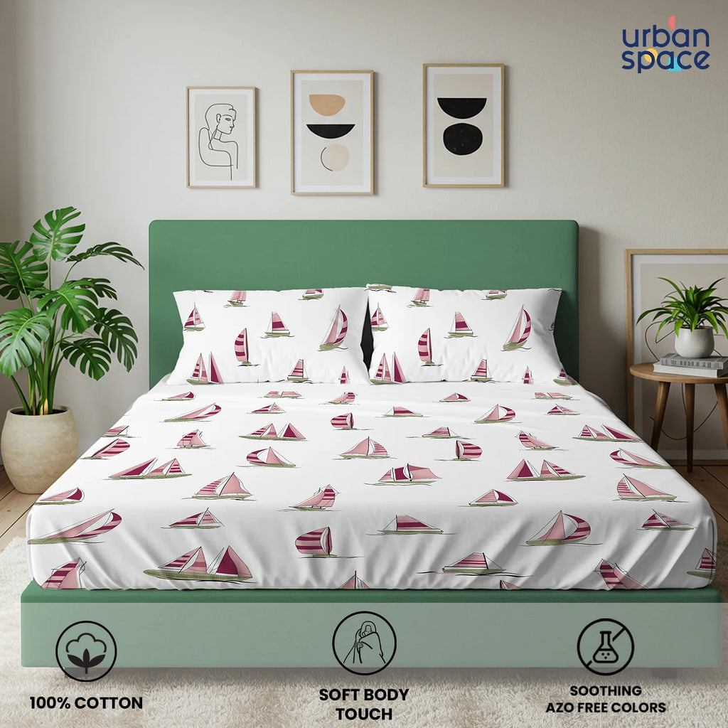 Divine Collection - Cotton Bedsheet With 2 Pillow Covers, Ocean Boats Maroon