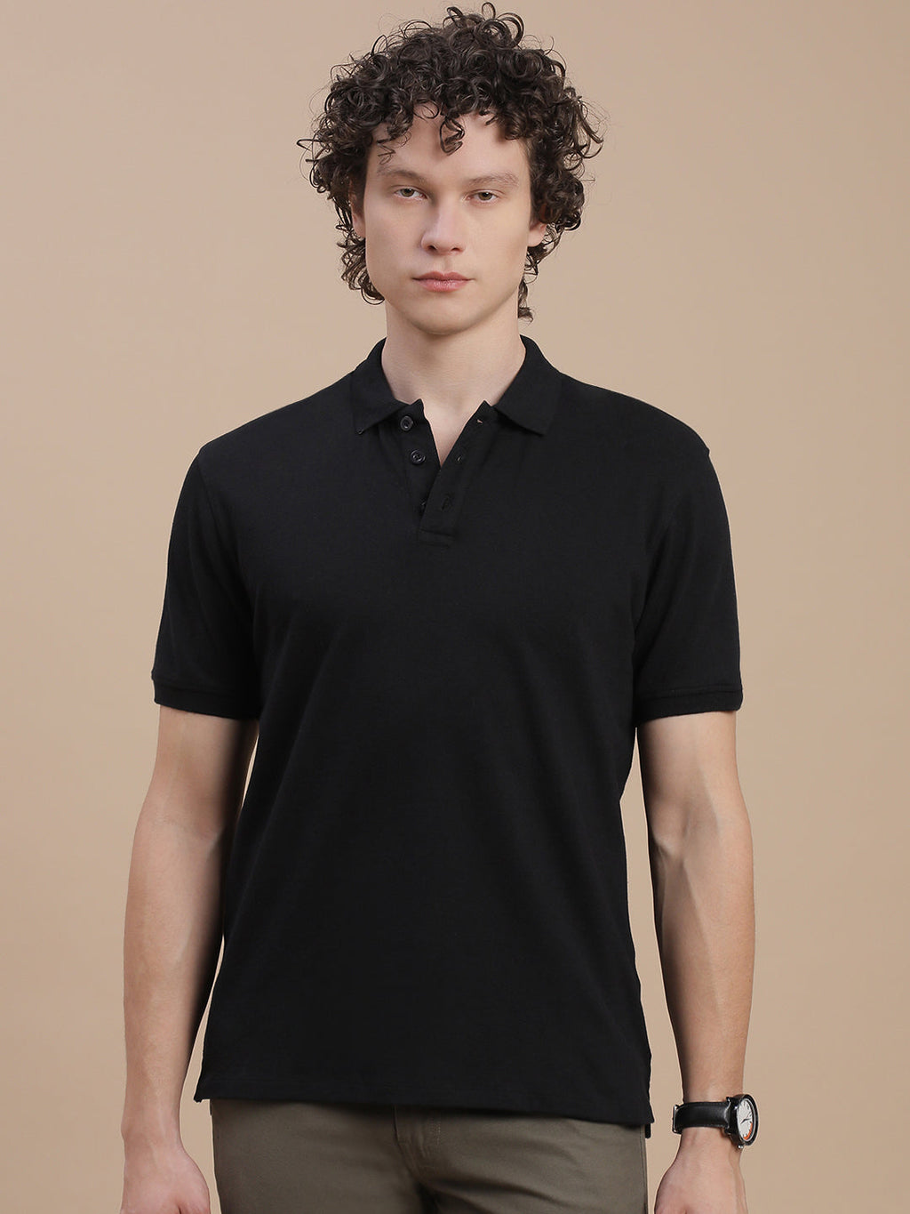 Men Black Johnny Collar T-Shirt