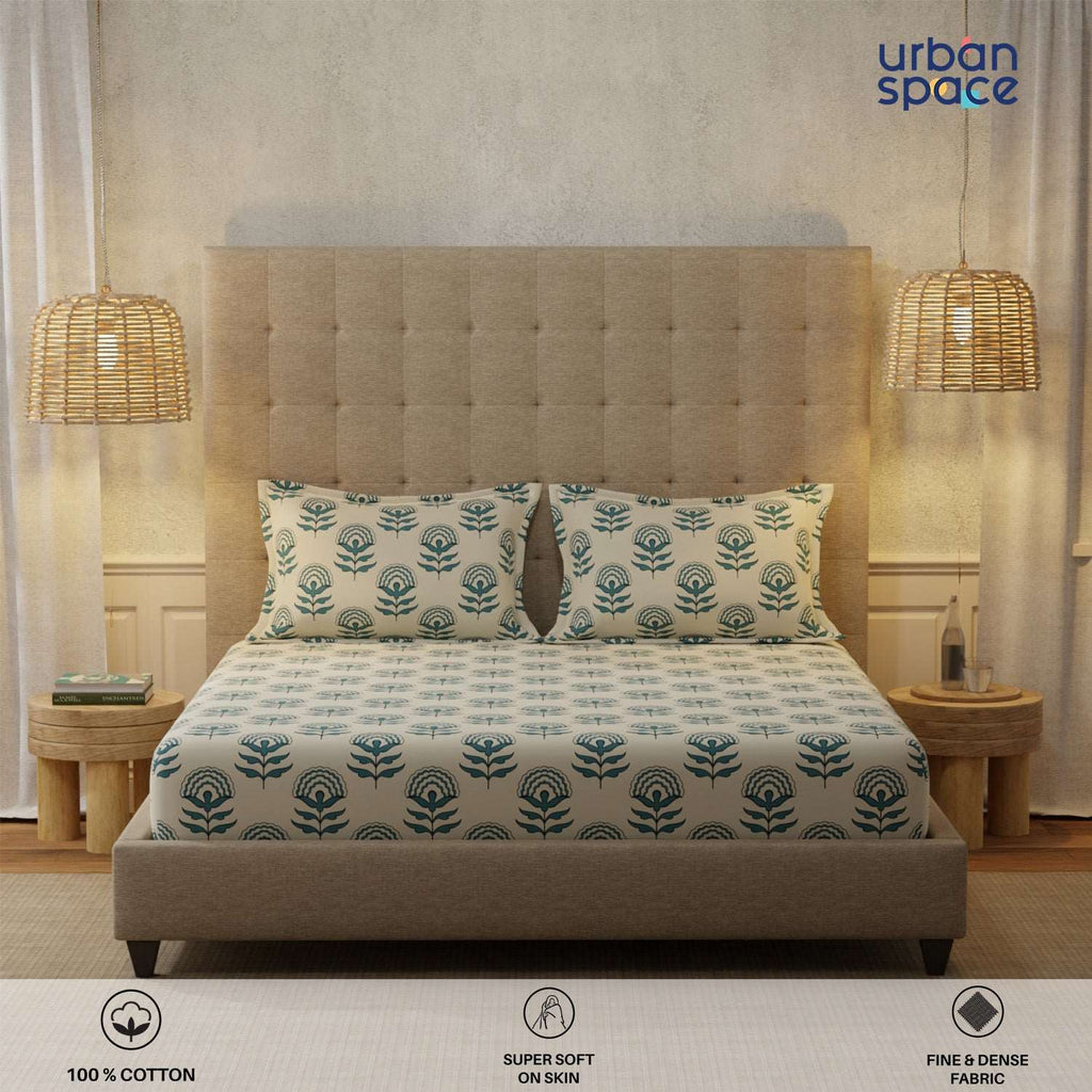 Serene 200 TC 100% Cotton Bedsheet with Pillow Covers - Florabell Blue