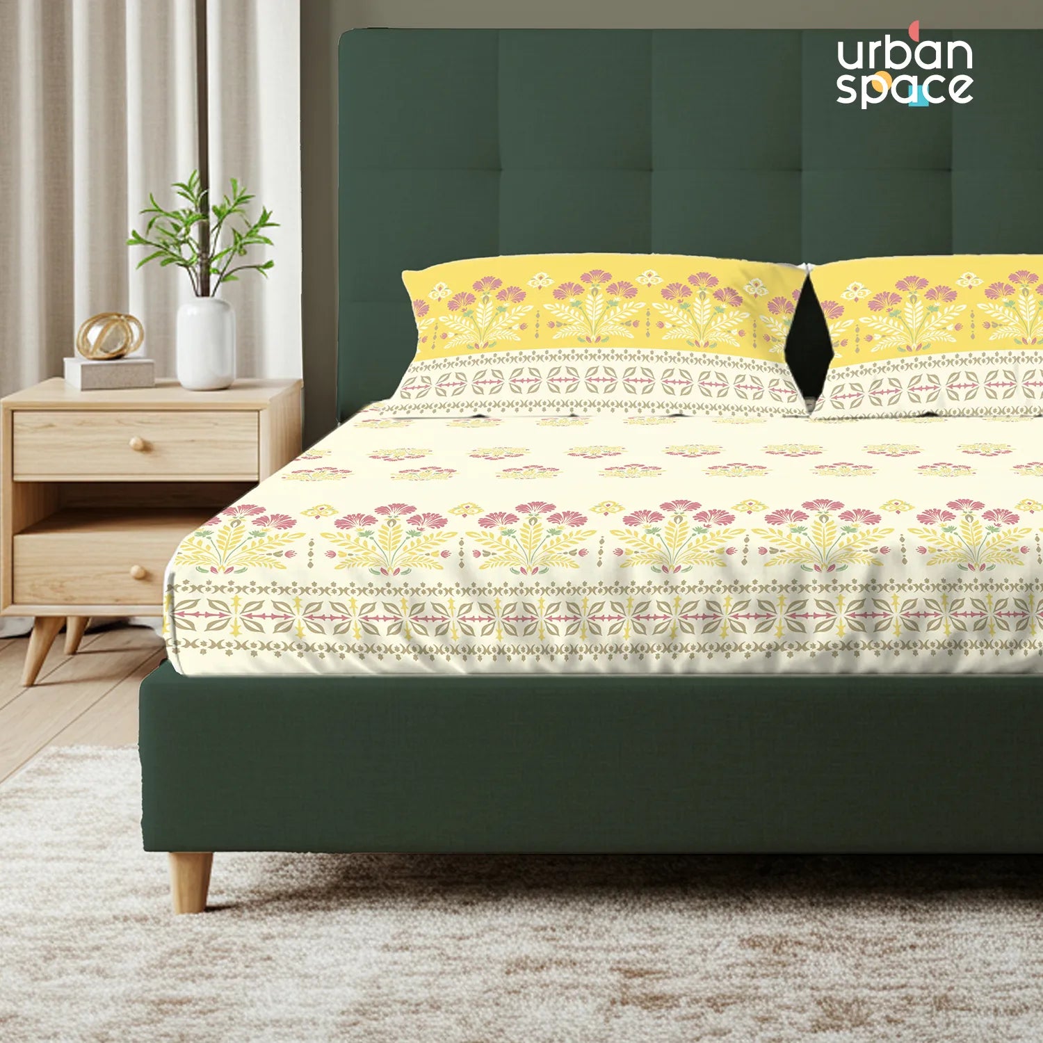 Serene 200 TC 100% Cotton Bedsheet with Pillow Covers - Malhaar Mustard Yellow
