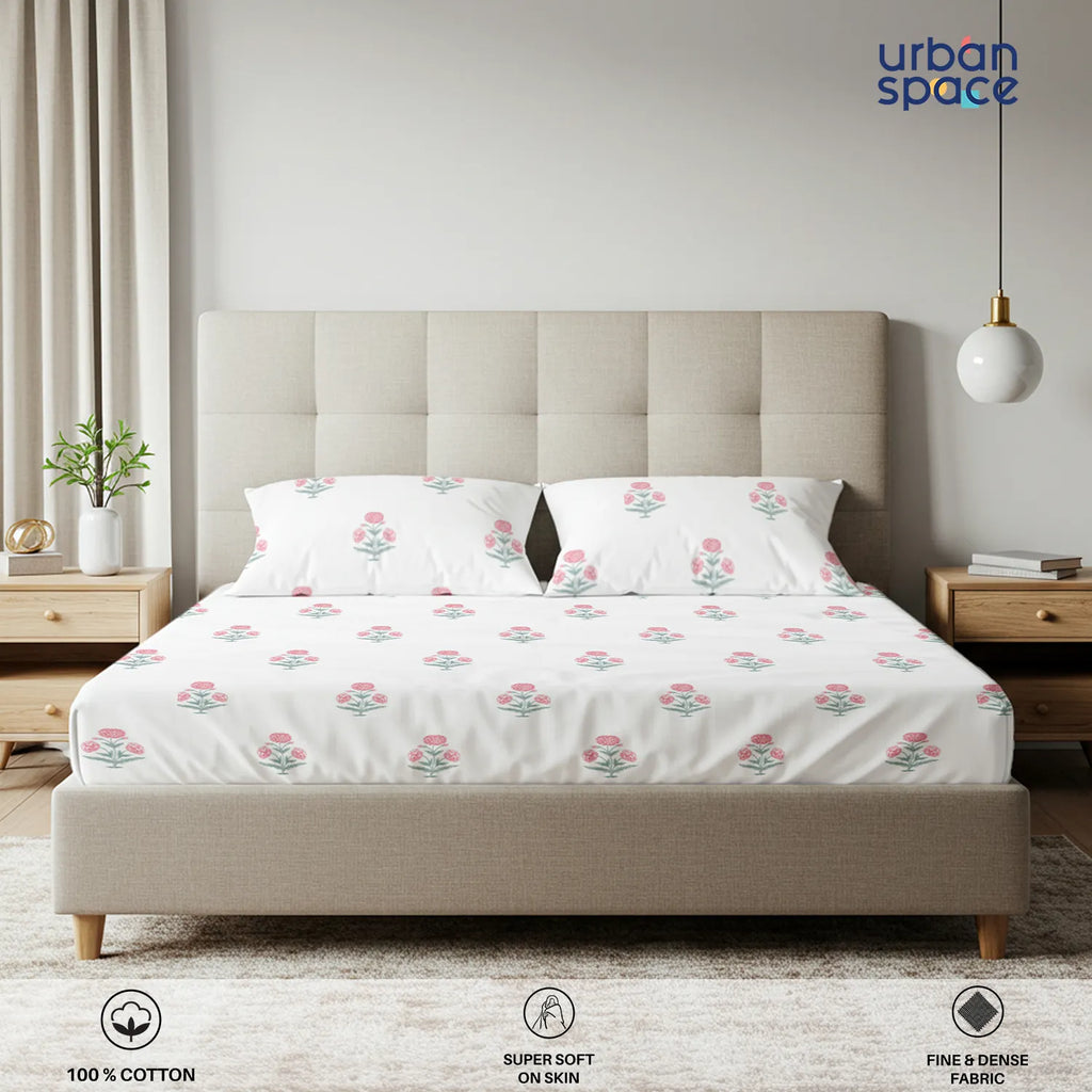 Serene 200 TC 100% Cotton Bedsheet with Pillow Covers - Sunflower - Pomegranate Pink