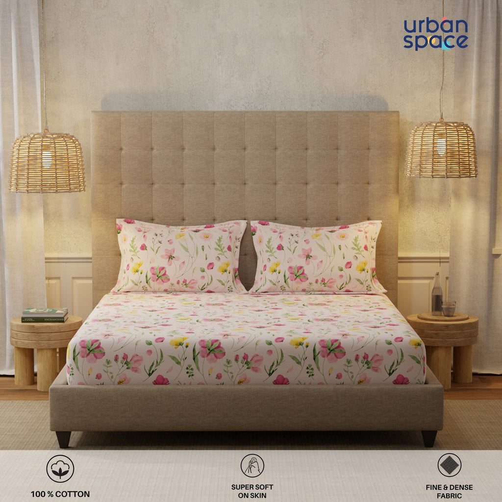 Serene 200 TC 100% Cotton Bedsheet with Pillow Covers - Meadows Rose Pink