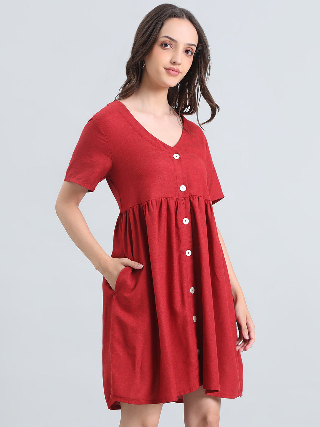 Linen V-Neck Regular Fit Short Dress