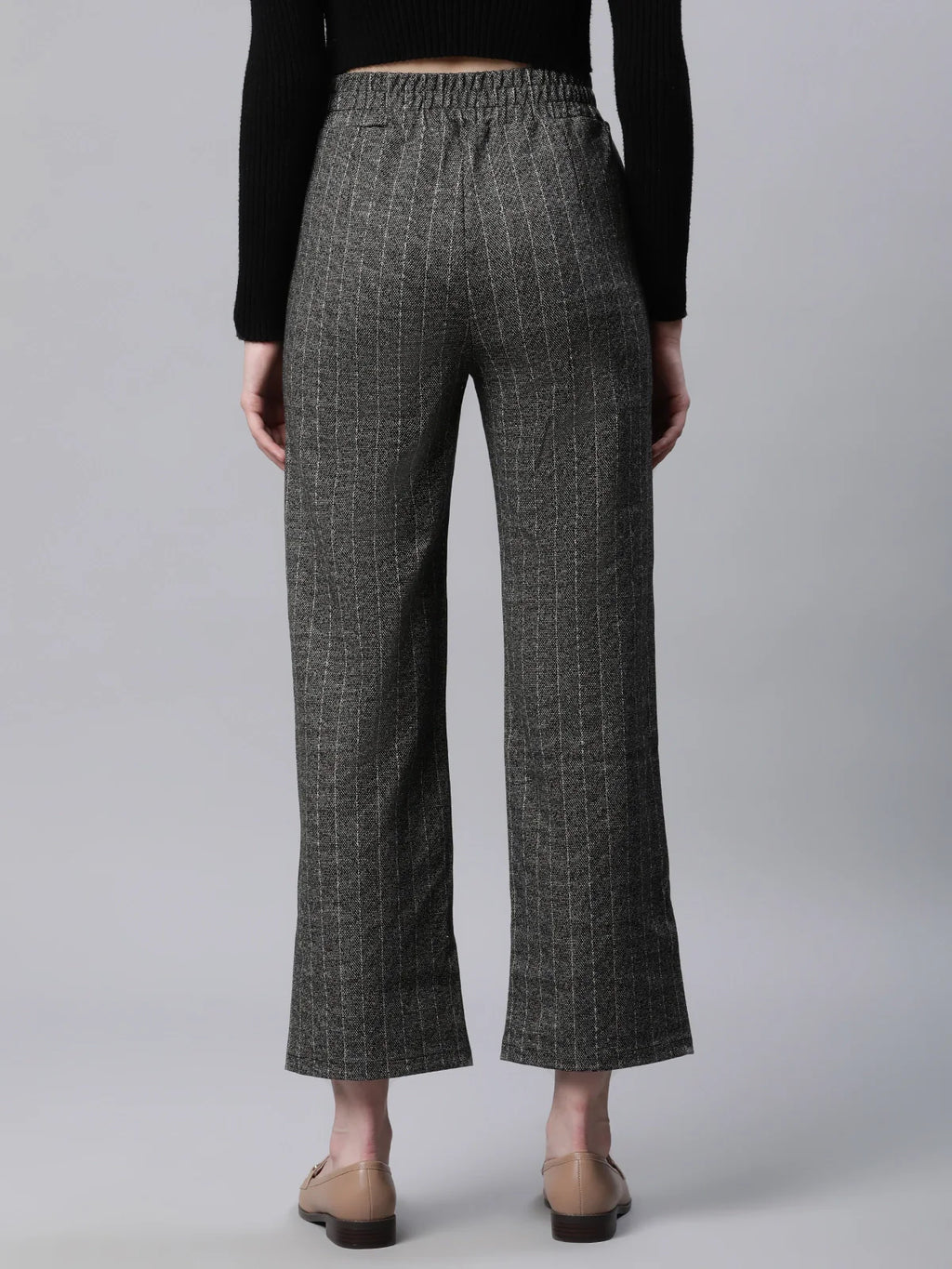 Grey Striped High Waist Straight Trousers
