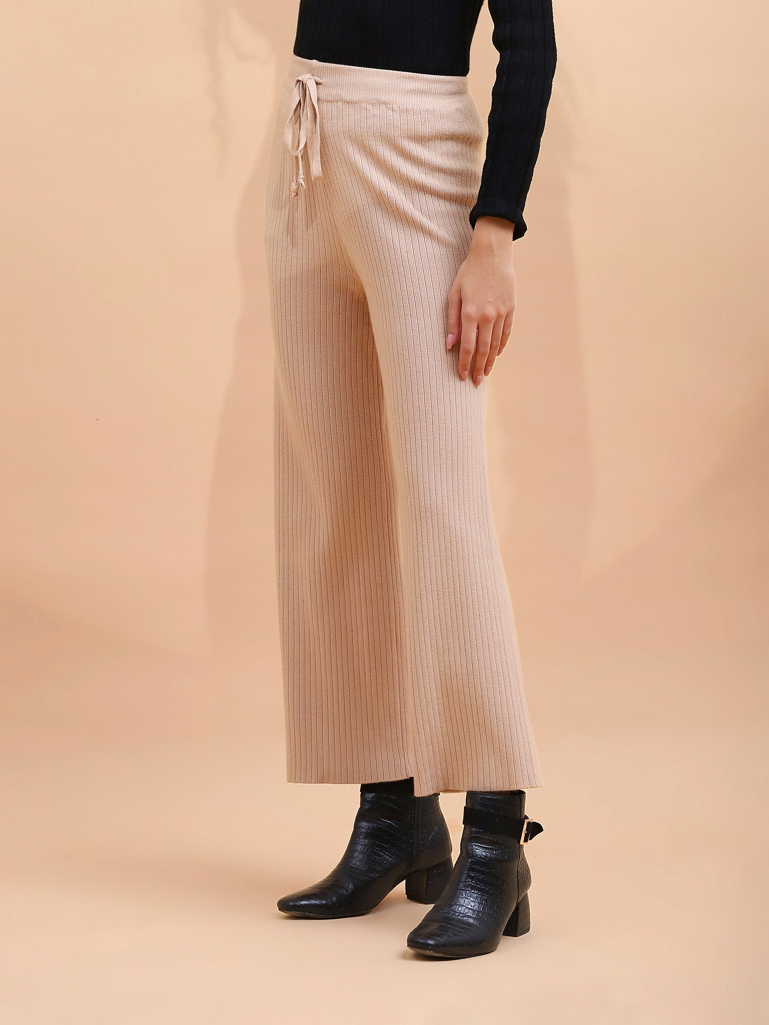 Beige Viscose Blend Solid Lower