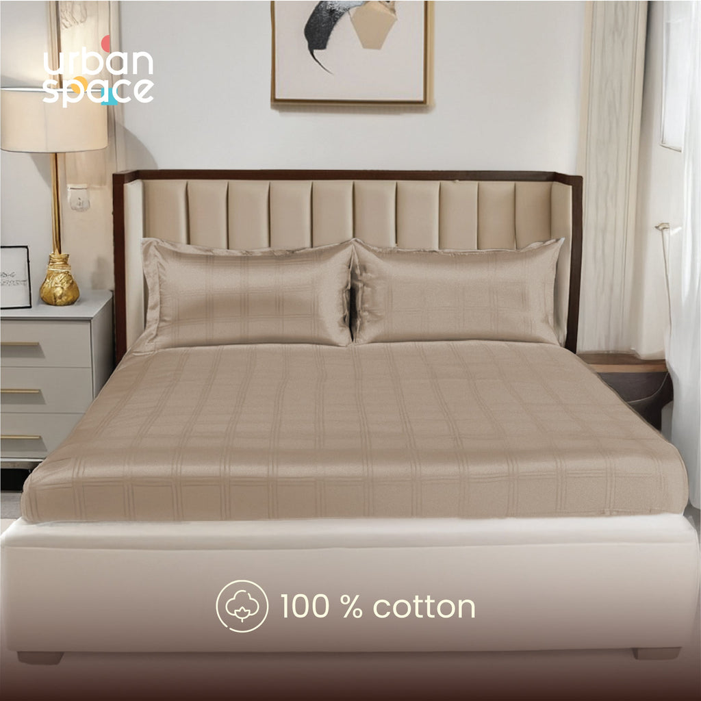 300 TC Super Soft King Bedsheet, Self Woven Checks Design - Beige Checks