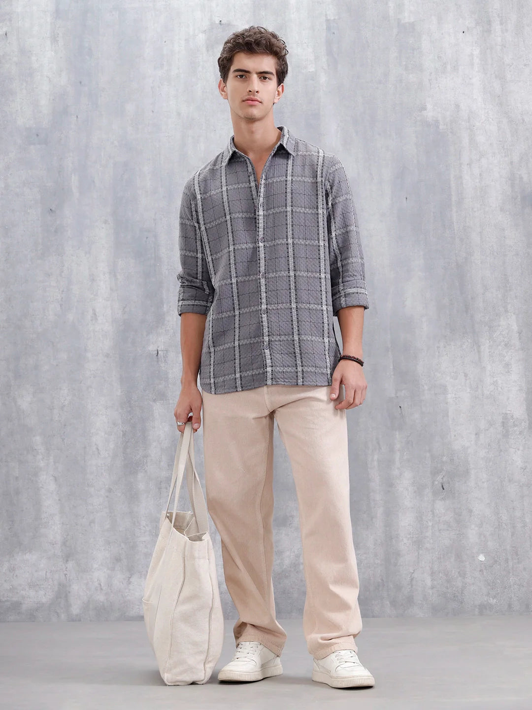 Textured Checkered Pattern Regualr Fit Shirt | Grey