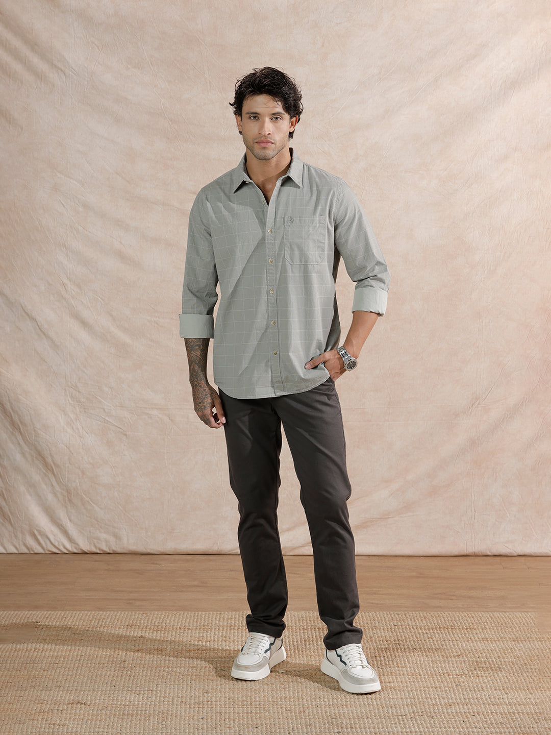 Textured Printed Checks Regular Fit Shirt | Grey