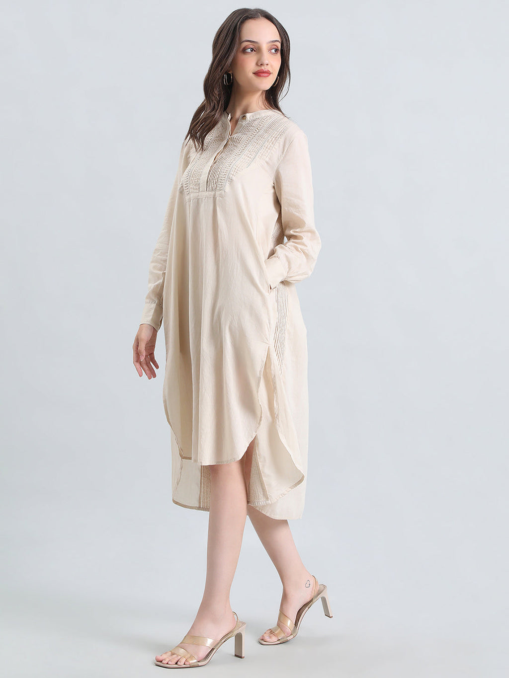 Cotton Pin-Tuck & Lace Trim Mandarin Collar Dress