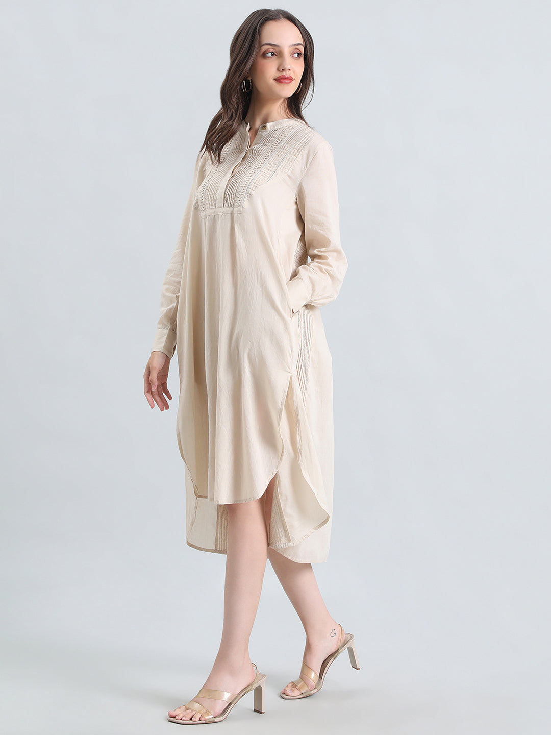 Cotton Pin-Tuck & Lace Trim Mandarin Collar Dress