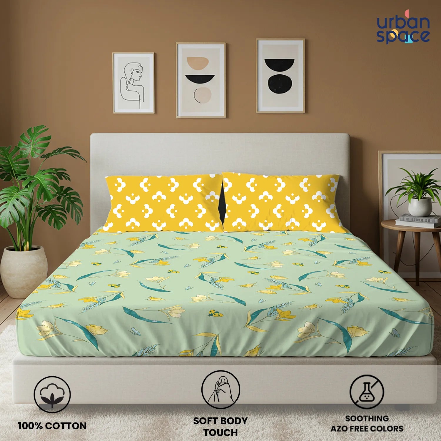 Divine Collection - Cotton Bedsheet With 2 Pillow Covers, Sprinkle Soft Green