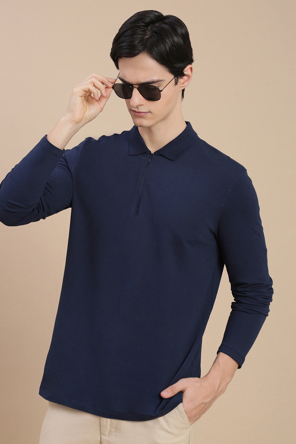 Men Navy Bonded Zipper Polo T-Shirt