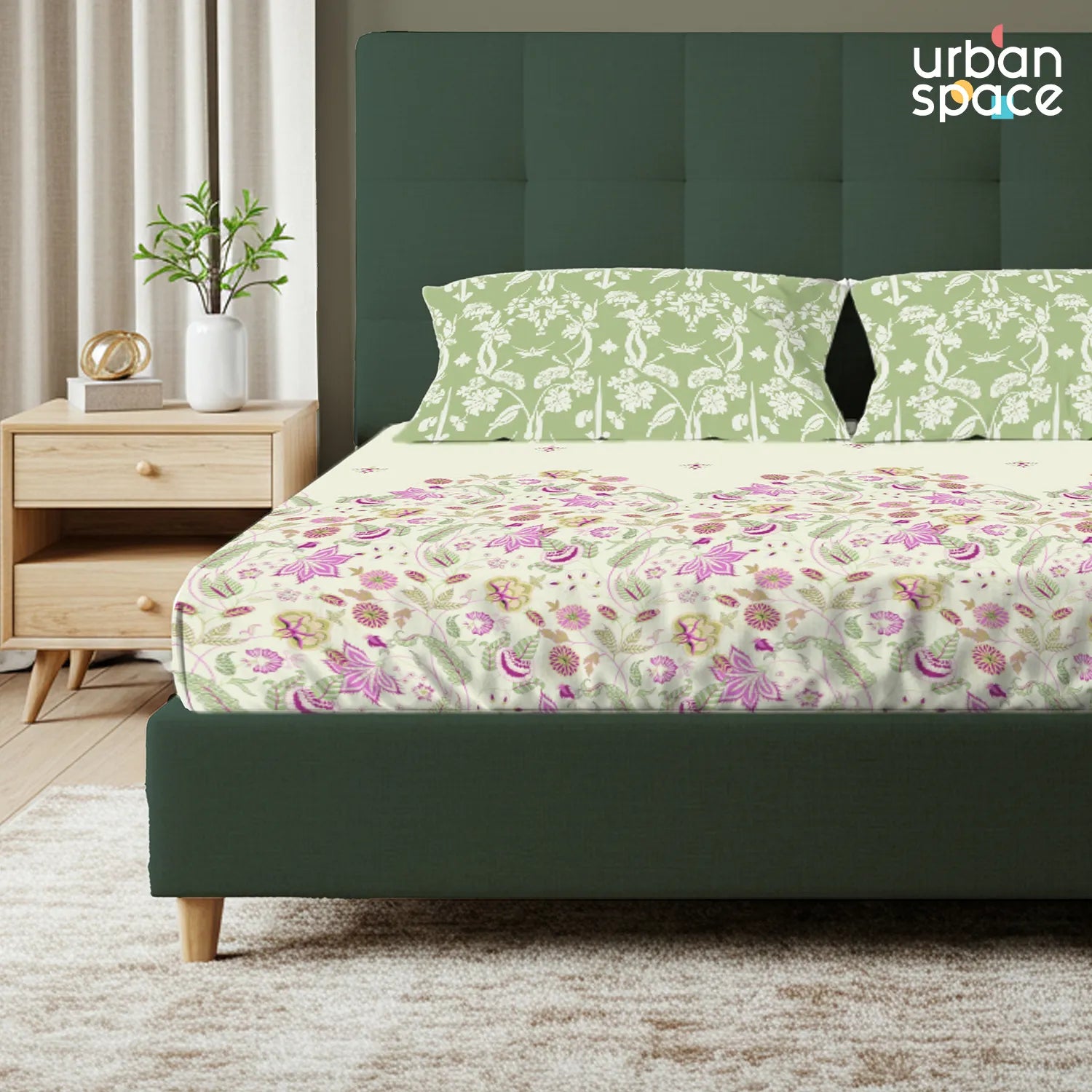 Serene 200 TC 100% Cotton Bedsheet with Pillow Covers - Vine Gardens Sage Green