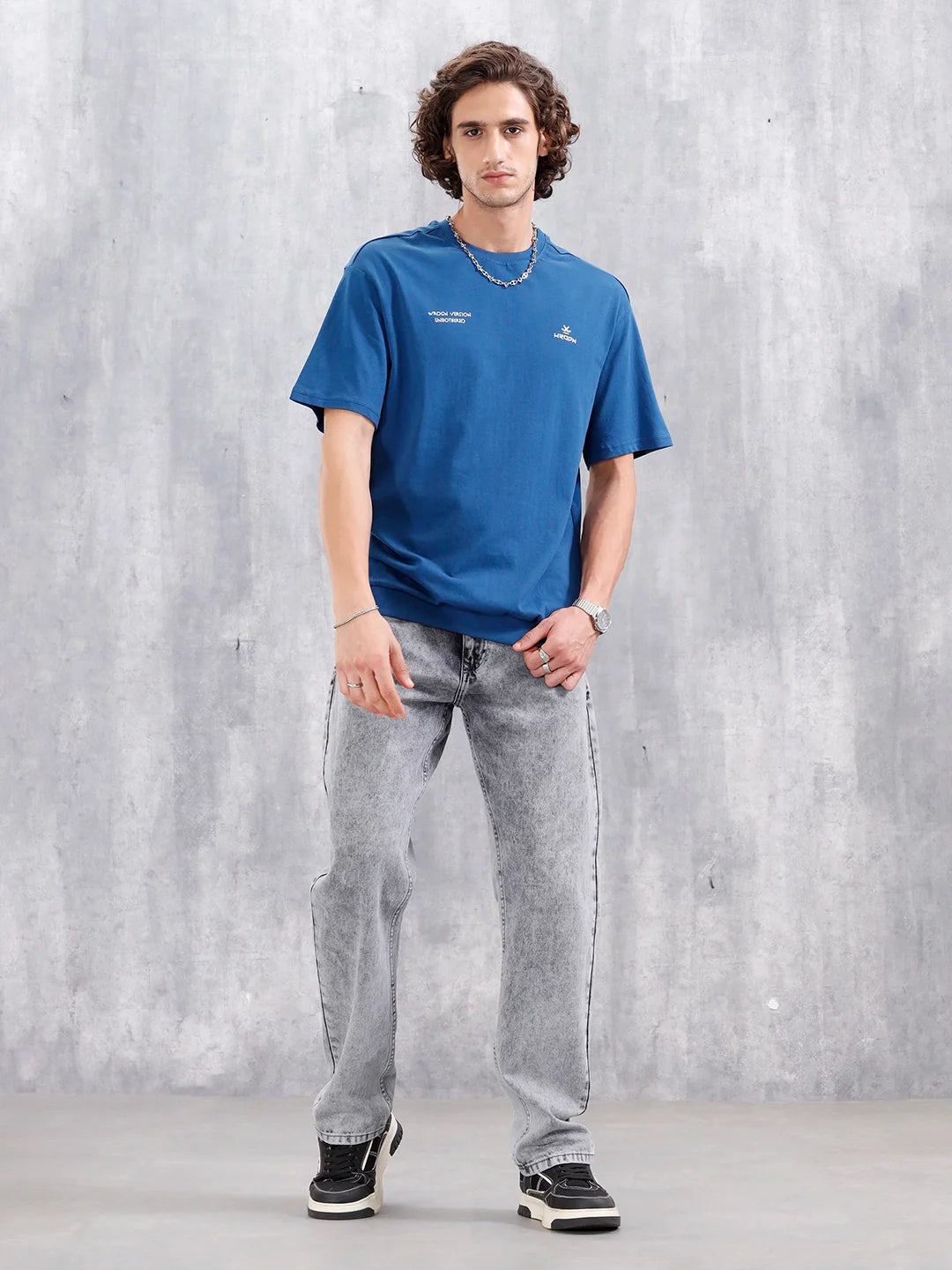 Oversized Crew Neck T-Shirt With Hd Print | Blue