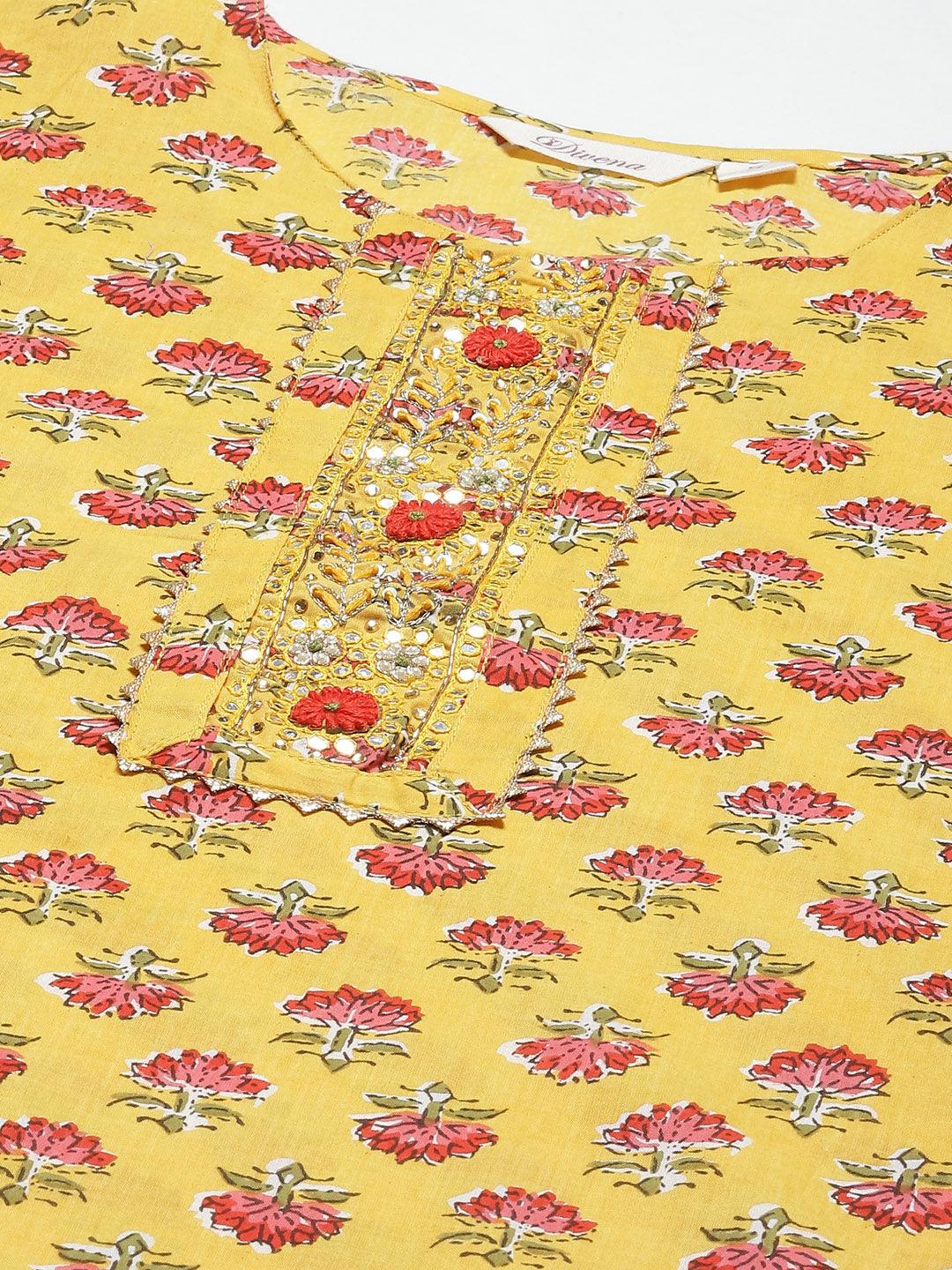Divena Yellow Floral Cotton Kurta Pant Set with Dupatta