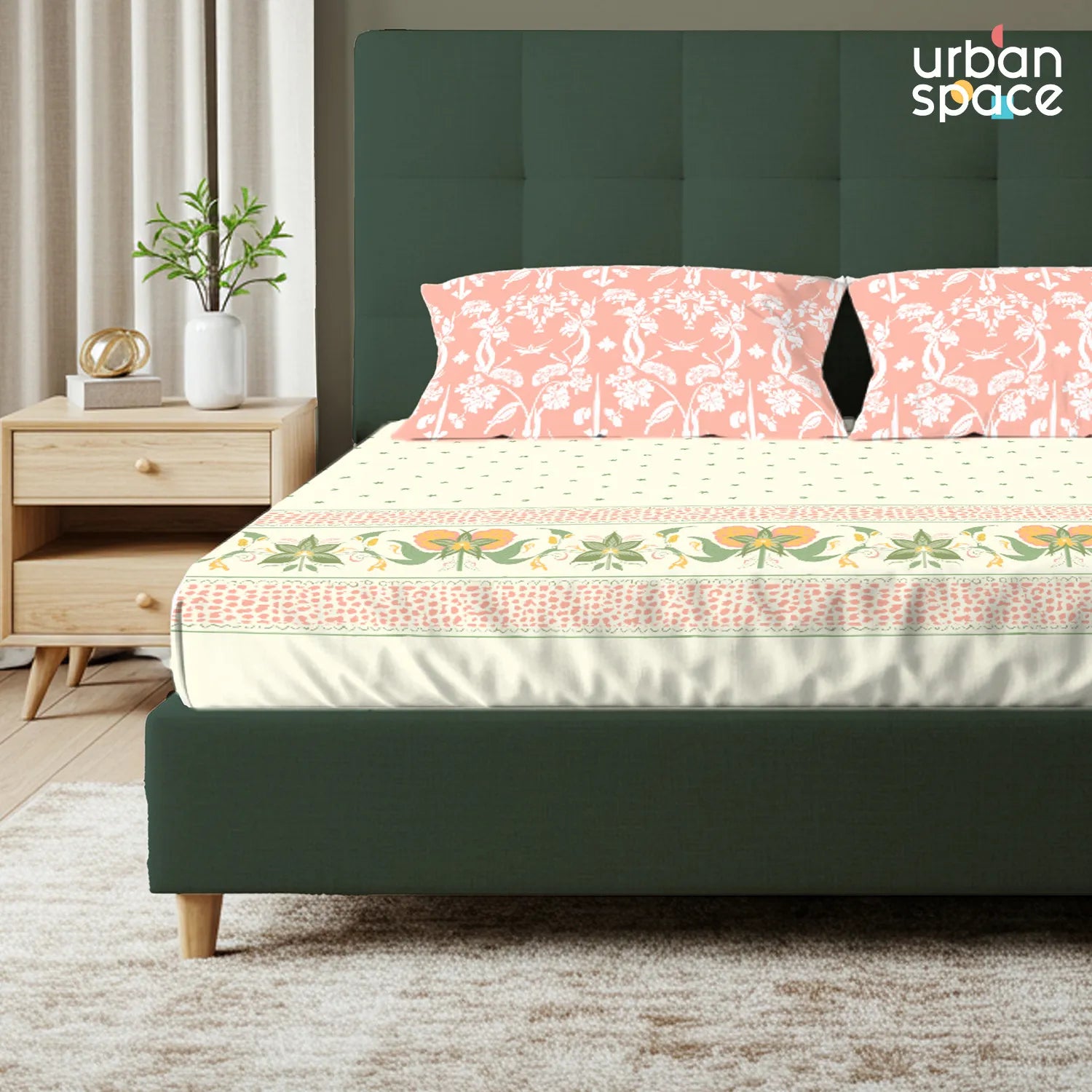 Serene 200 TC 100% Cotton Bedsheet with Pillow Covers - Ivy Bloom Peach