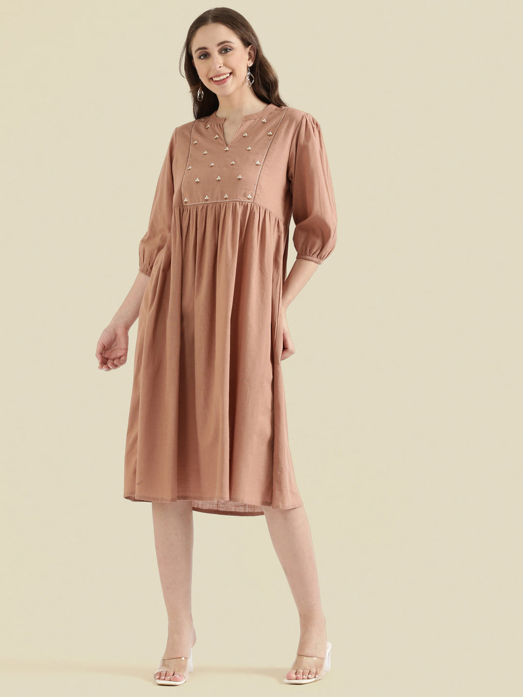 Cotton Slub Butti Embroidered Yoke Gathered Midi Dress