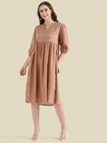 Cotton Slub Butti Embroidered Yoke Gathered Midi Dress