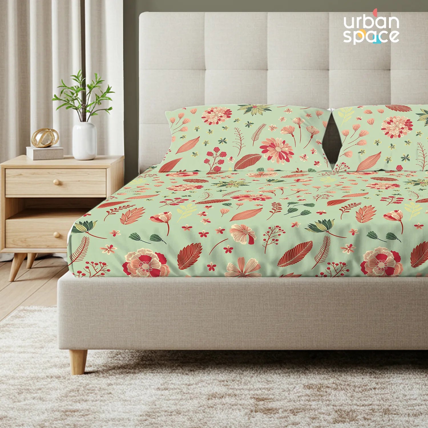 Serene 200 TC 100% Cotton Bedsheet with Pillow Covers - Florence Sage Green