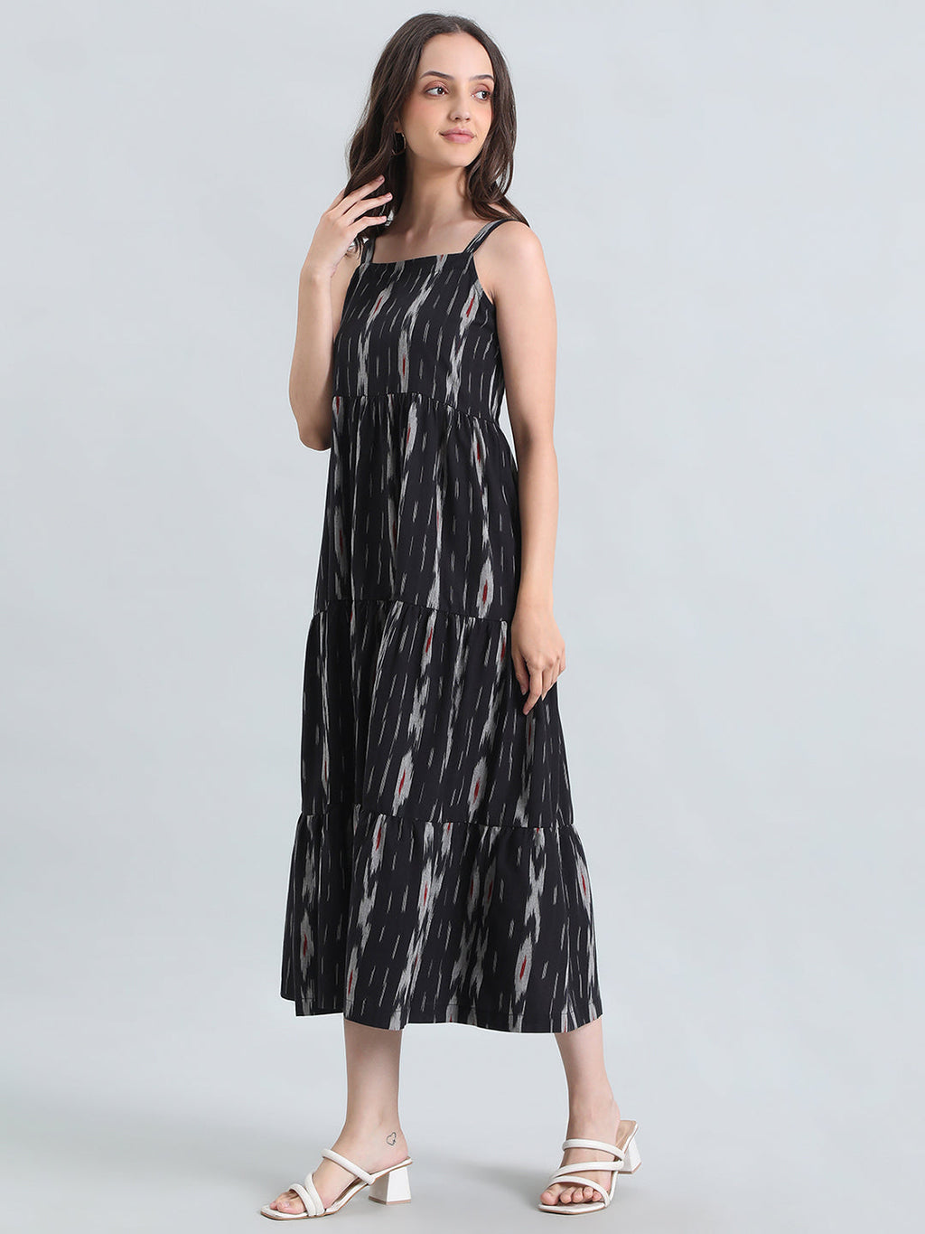 Ikat Print Cotton Smocked Back Tiered Dress