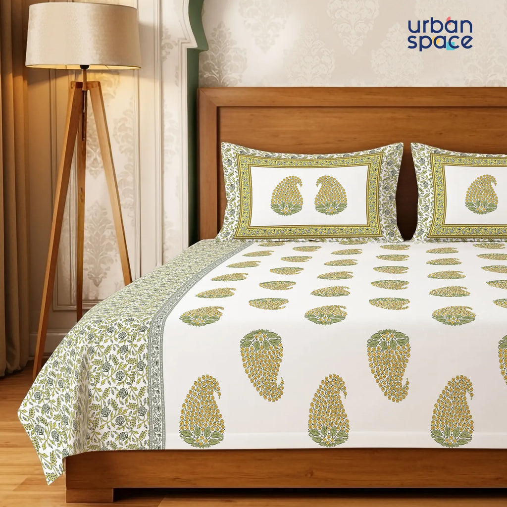 Serene 300 TC 100% Cotton Bedsheet with Pillow Covers, Panel Design - Kairavi Soft Yellow