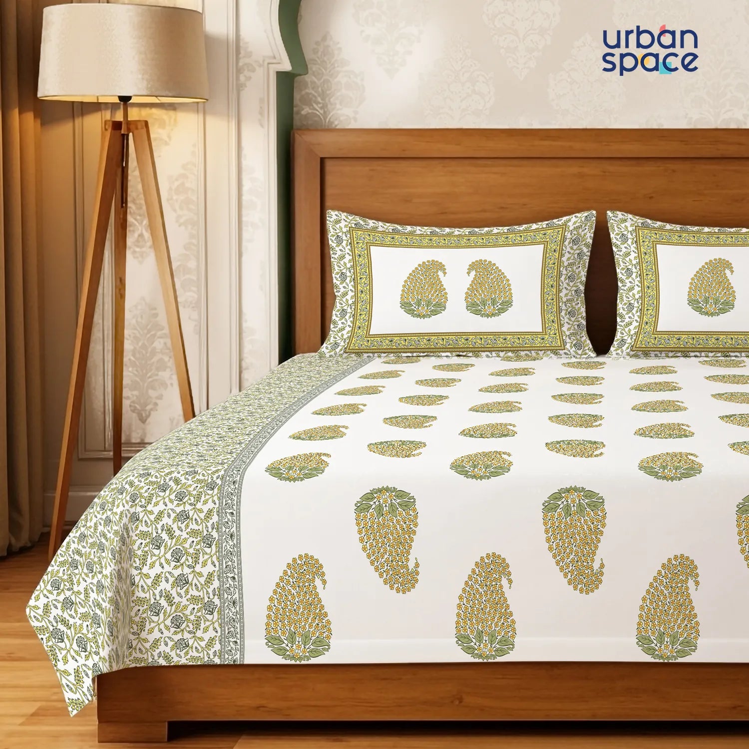 Serene 300 TC 100% Cotton Bedsheet with Pillow Covers, Panel Design - Kairavi Soft Yellow