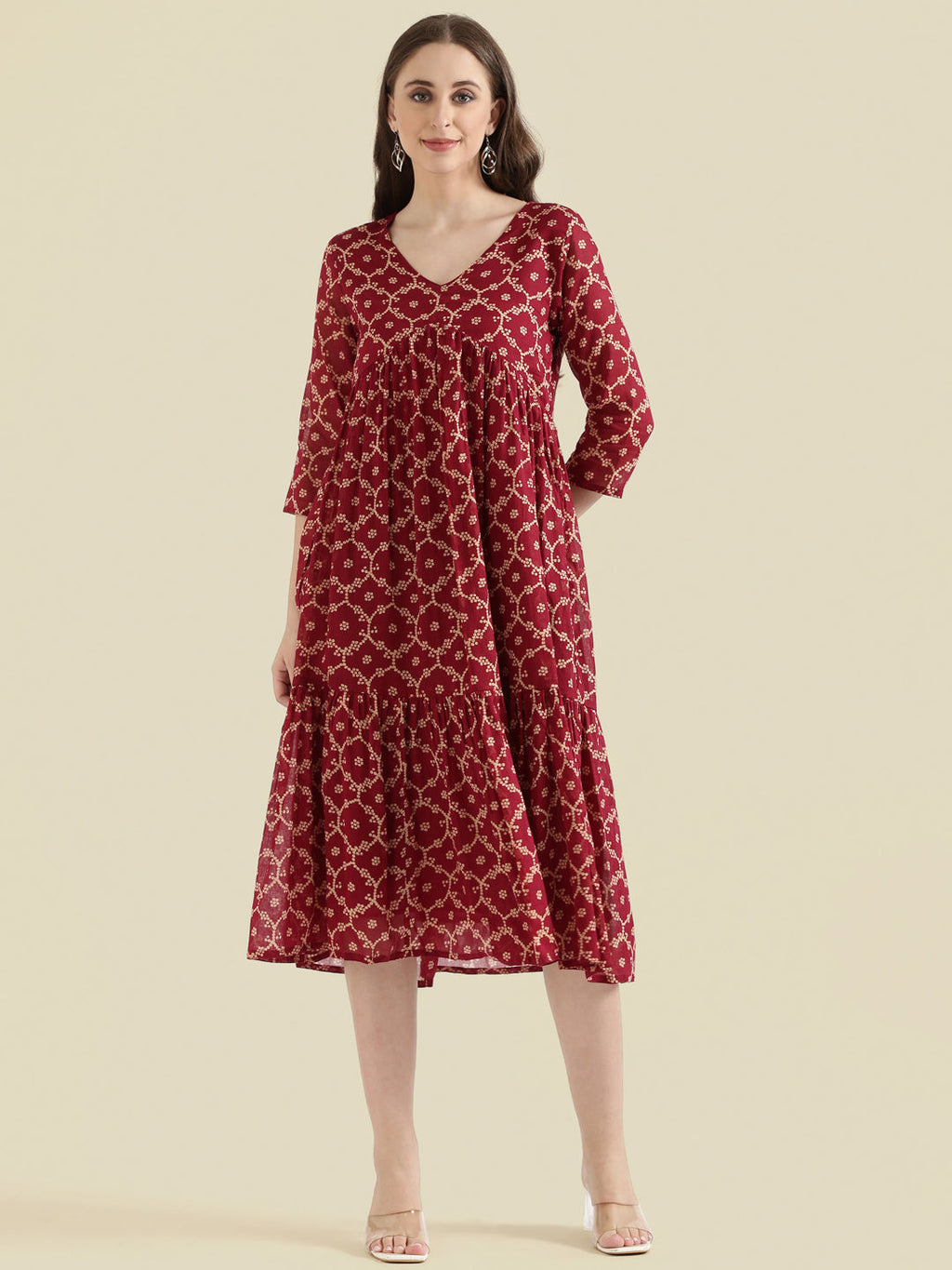 Cotton Voile Block Print V-Neck Gathered Tiered Midi Dress