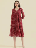 Cotton Voile Block Print V-Neck Gathered Tiered Midi Dress