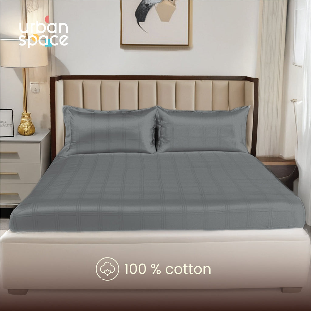 300 TC Super Soft King Bedsheet, Self Woven Checks Design - Grey Checks