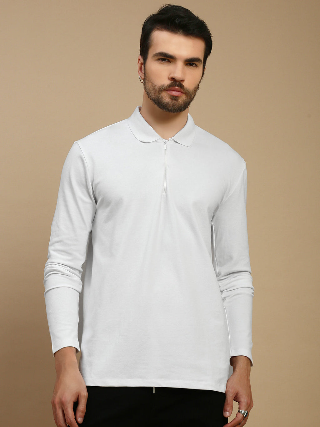 Men White Bonded Zipper Polo T-Shirt
