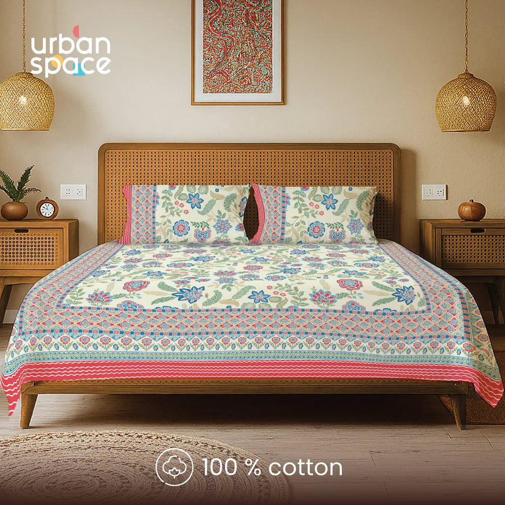 Rajasthani Ethnic 100% Cotton Bedsheet with 2 Pillow Covers - Noorjaal